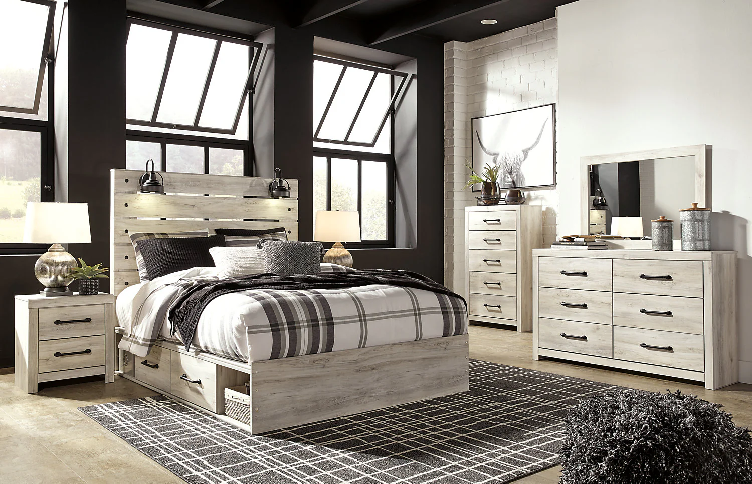 Abby 5pc Bedroom Set with Side Storage Bed, Dresser & Mirror, LED, USB, White - Queen Size