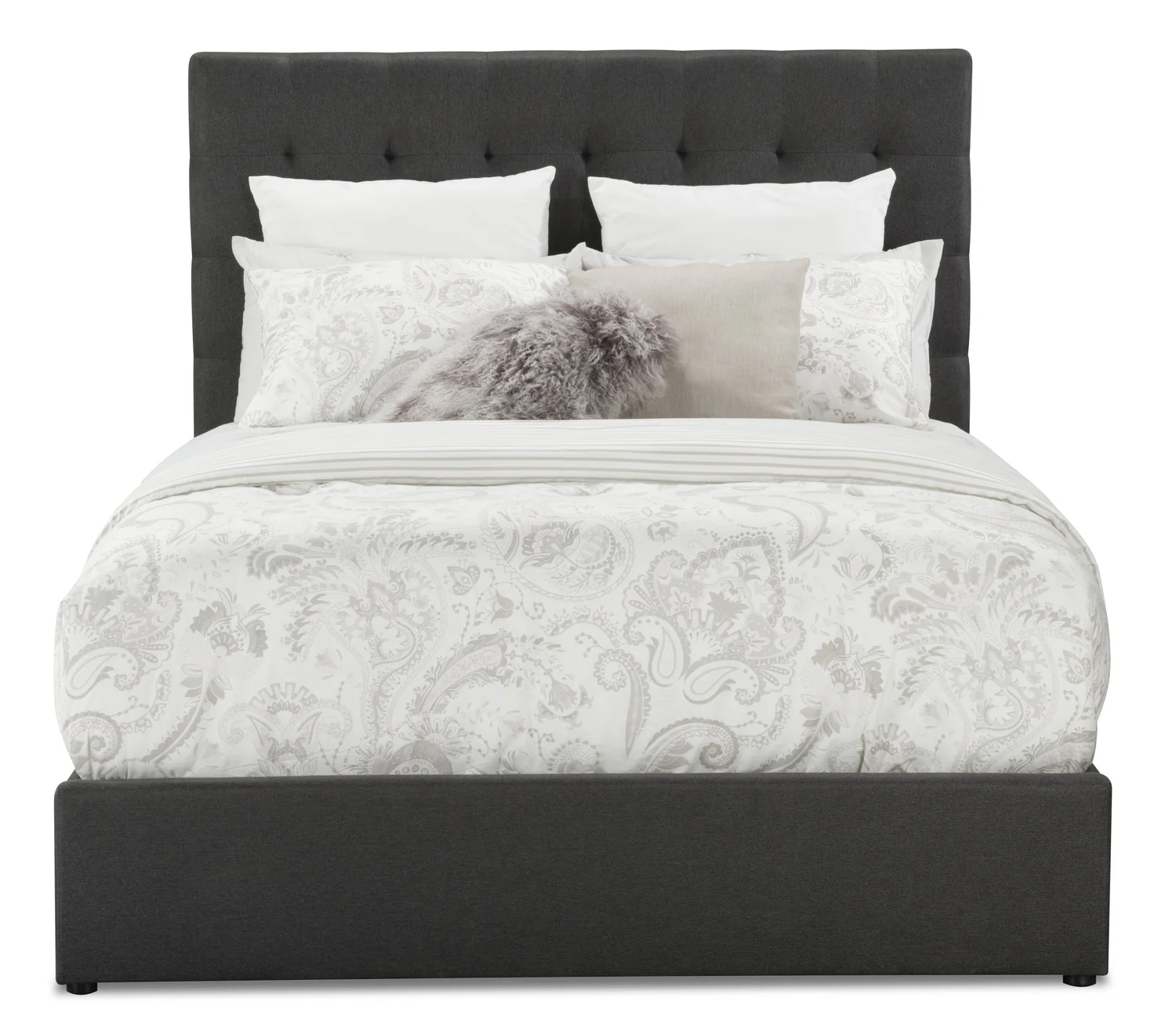 Jace Upholstered Storage Platform Bed in Grey Fabric, Tufted - Full Size