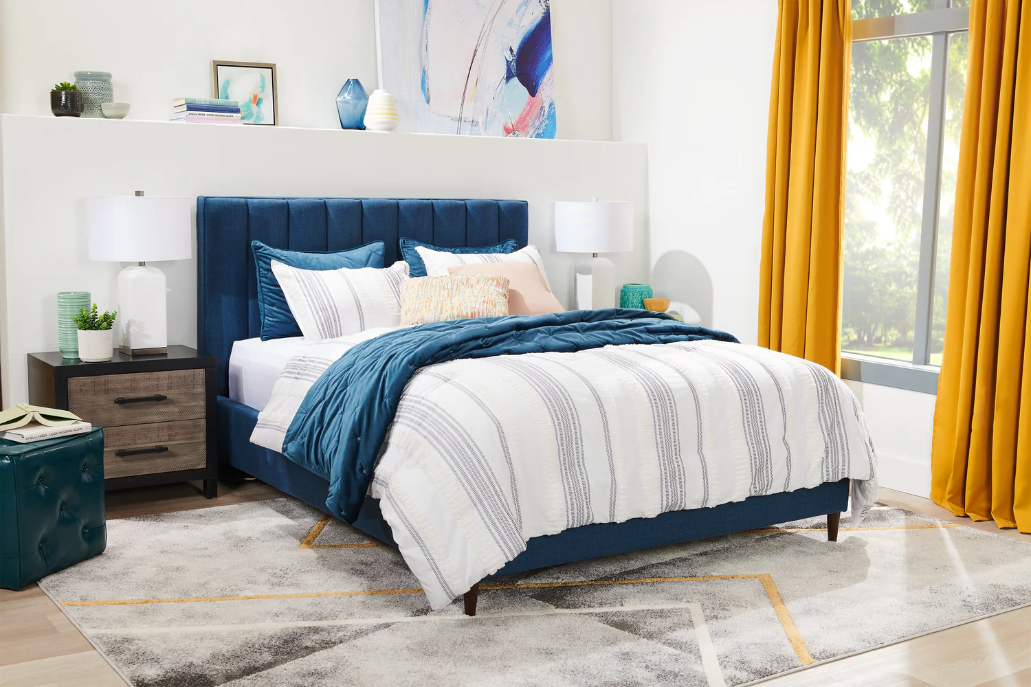 Kort & Co. Rain Upholstered Platform Bed in Blue Fabric, Tufted - King Size
