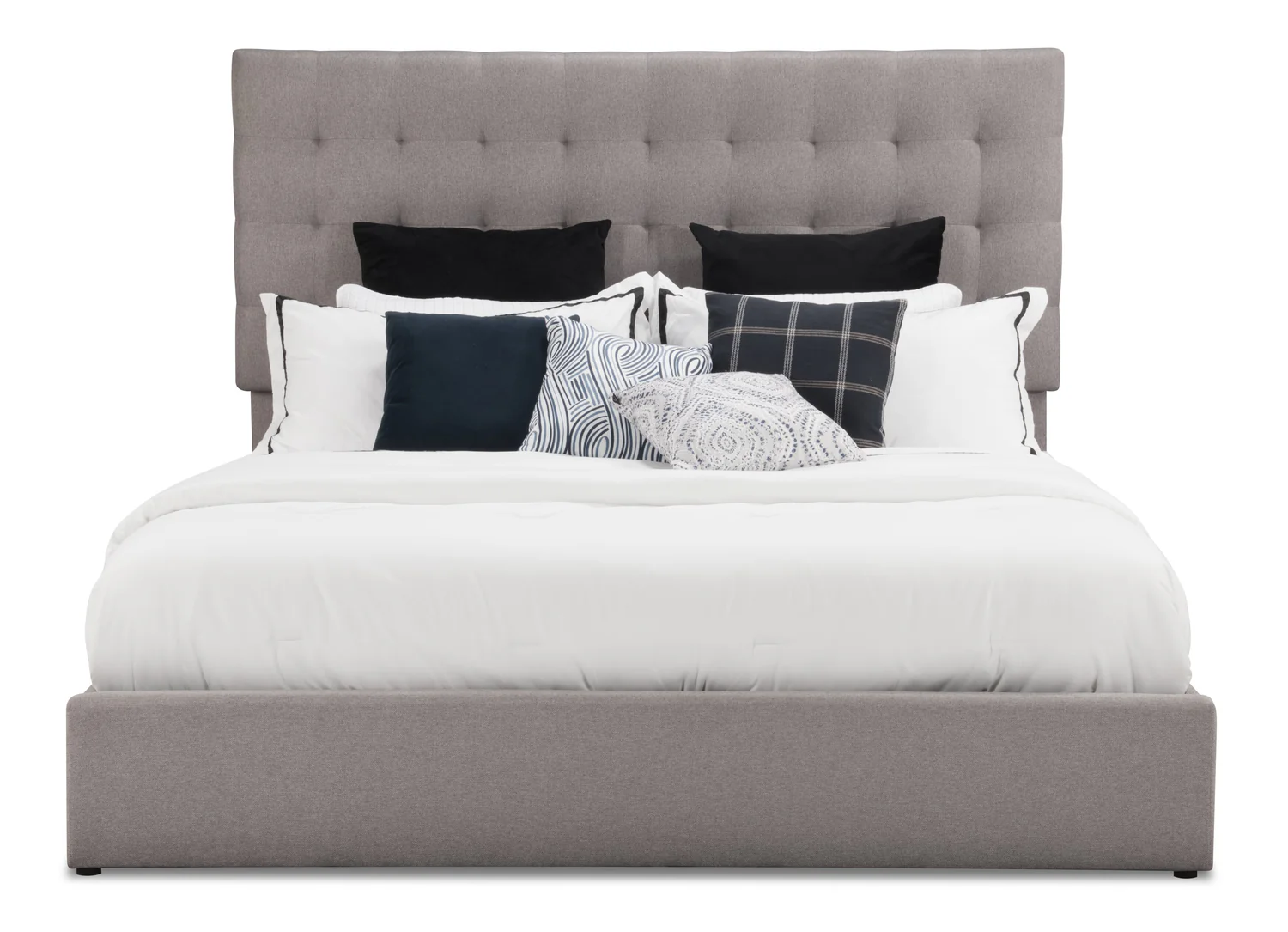 Jace Upholstered Storage Platform Bed in Taupe Fabric, Tufted - King Size
