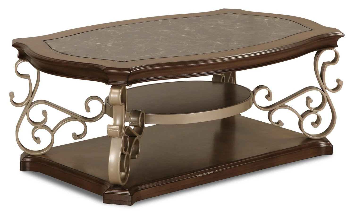 Heidi 52" Ornate Coffee Table with Shelf - Brown and Champagne with Metal Legs
