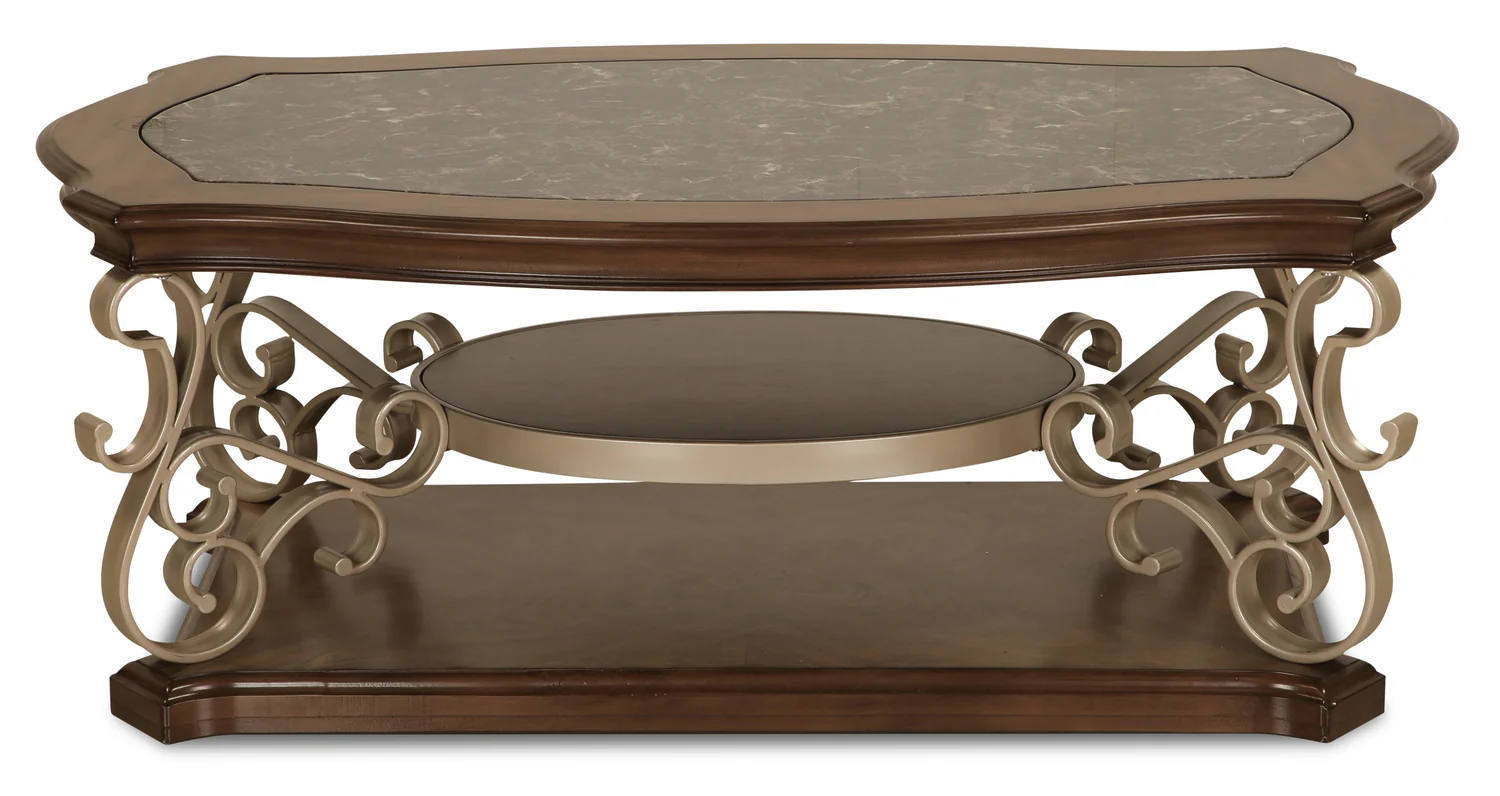 Heidi 52" Ornate Coffee Table with Shelf - Brown and Champagne with Metal Legs