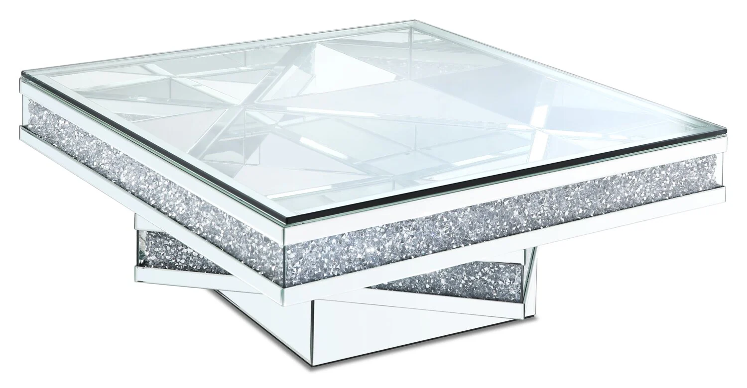 Rosie 39" Glam Mirror & Glass Top Coffee Table - Silver Metal with Diamond Look Legs