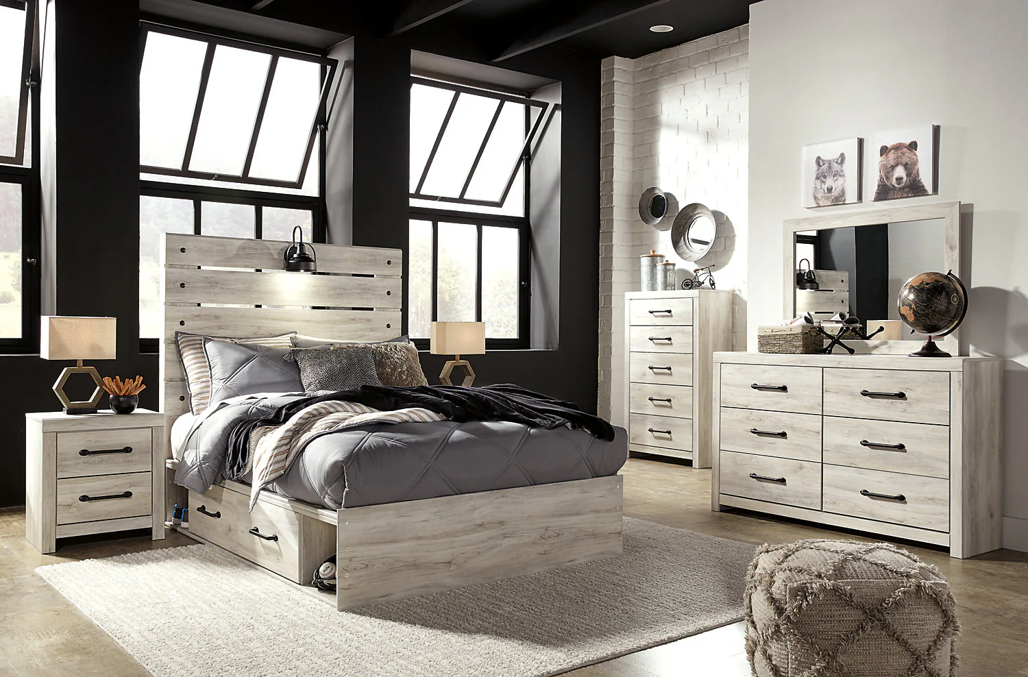 Abby 5pc Bedroom Set with Side Storage Bed, Dresser & Mirror, LED, USB, White - Full Size