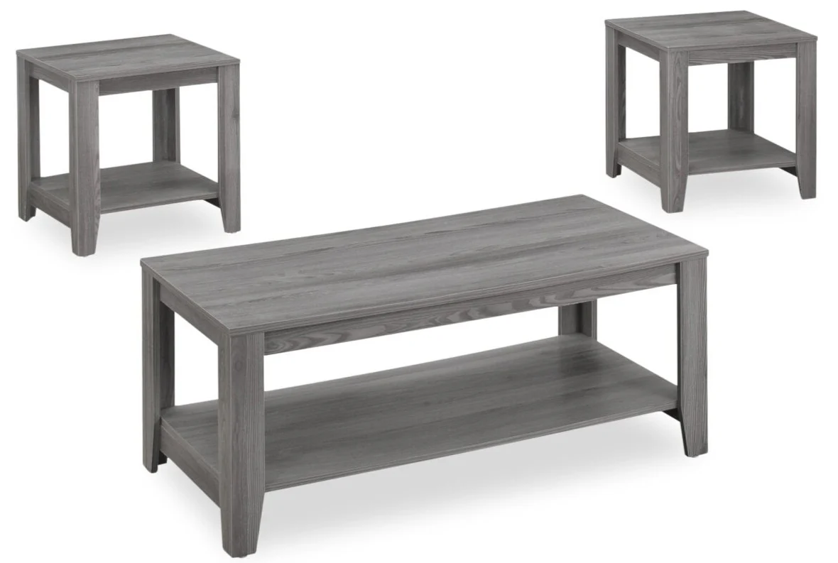 Kalen 42" Modern 3-Pack Coffee + 2 End Tables with Shelf - Grey
