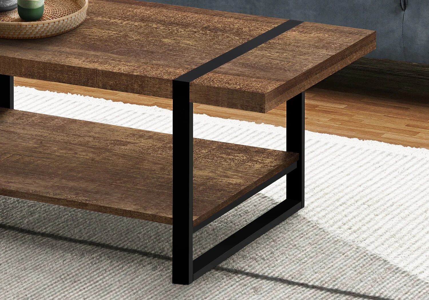 Ennis 47.25" Rustic Coffee Table with Shelf - Brown and Black with Metal Legs