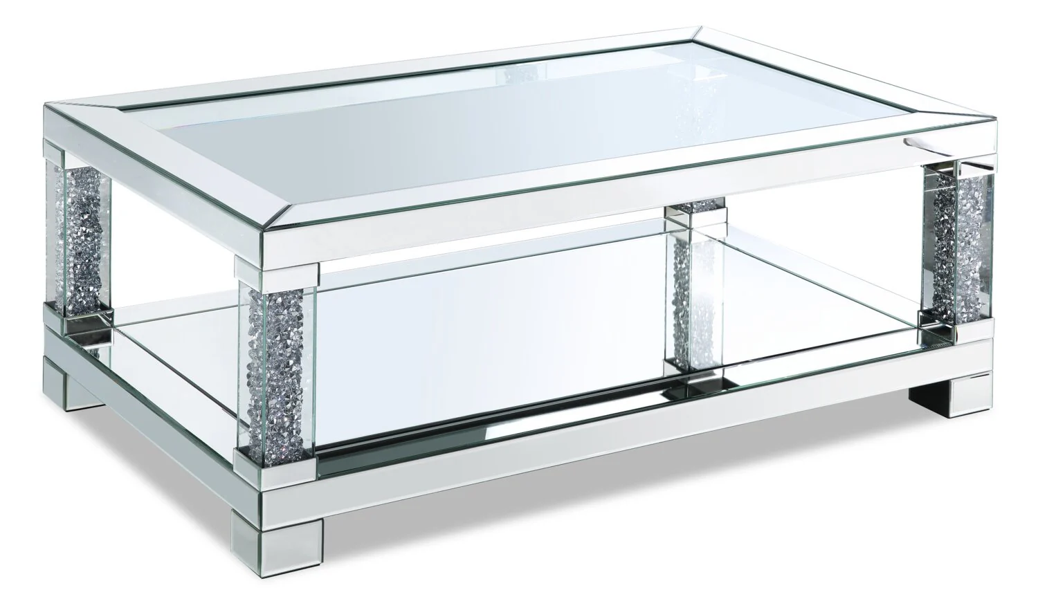 Berni 47.2" Glam Mirror & Glass Top Coffee Table with Shelf - Silver Metal with Diamond Look Legs