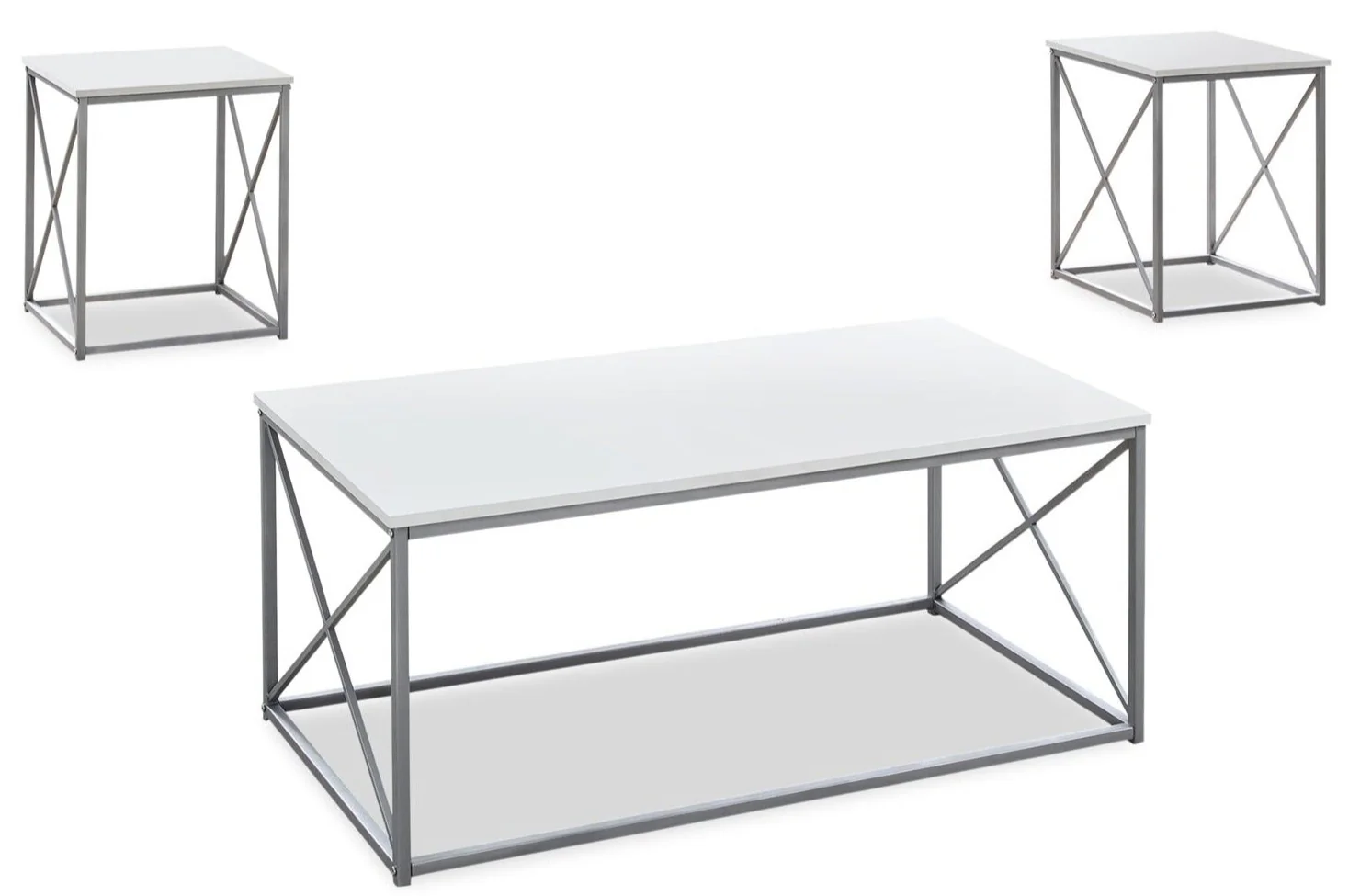Kasey 42.25" Modern 3-Pack Coffee + 2 End Tables - White with Grey Metal Base