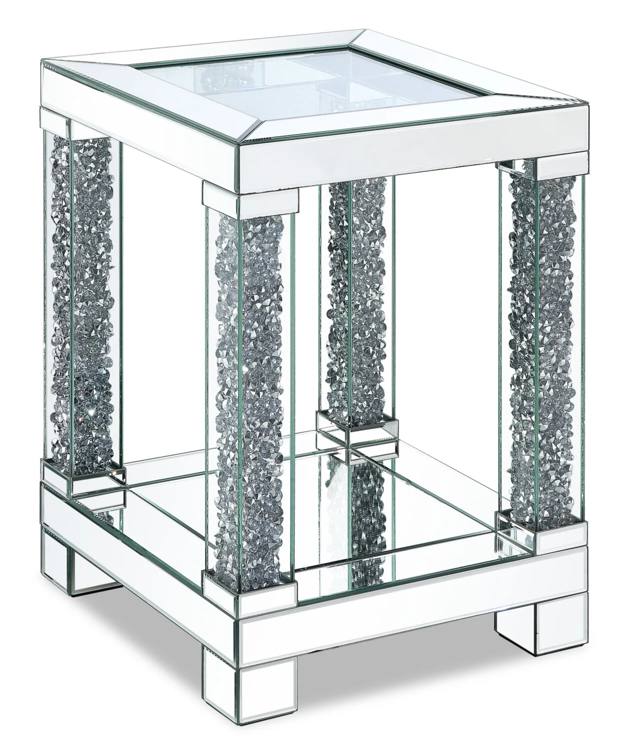 Berni 18" Glam Mirror & Glass Top End Table with Shelf - Silver Metal with Diamond Look Legs