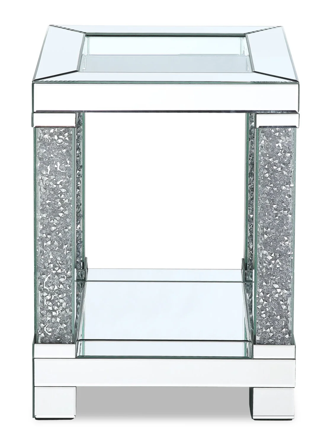 Berni 18" Glam Mirror & Glass Top End Table with Shelf - Silver Metal with Diamond Look Legs