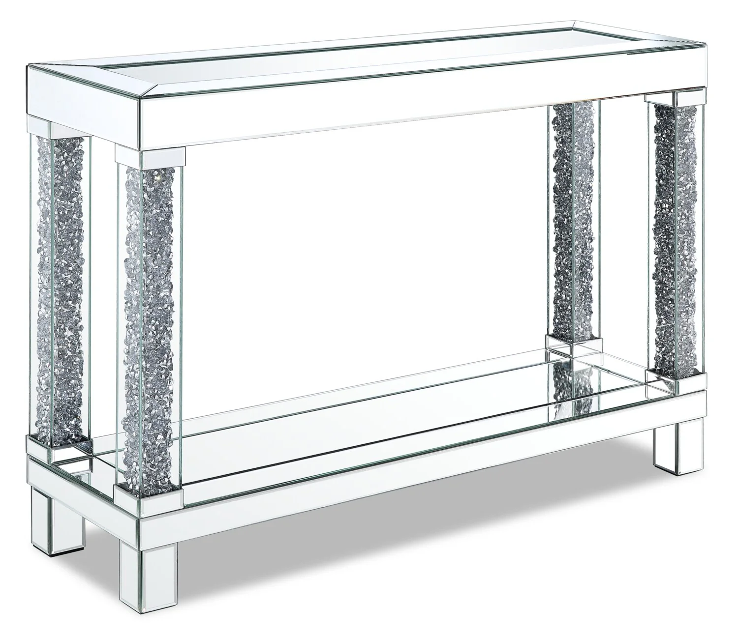 Berni 47.4" Glam Mirror & Glass Top Sofa Table with Shelf - Silver Metal with Diamond Look Legs