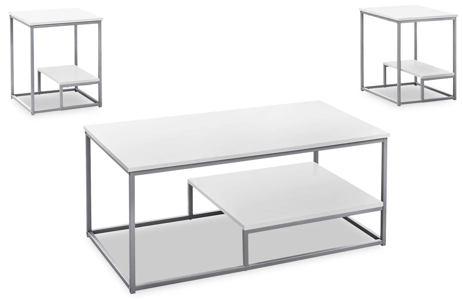 Jules 42.25" Modern 3-Pack Coffee + 2 End Tables with Shelf - White with Grey Metal Frame