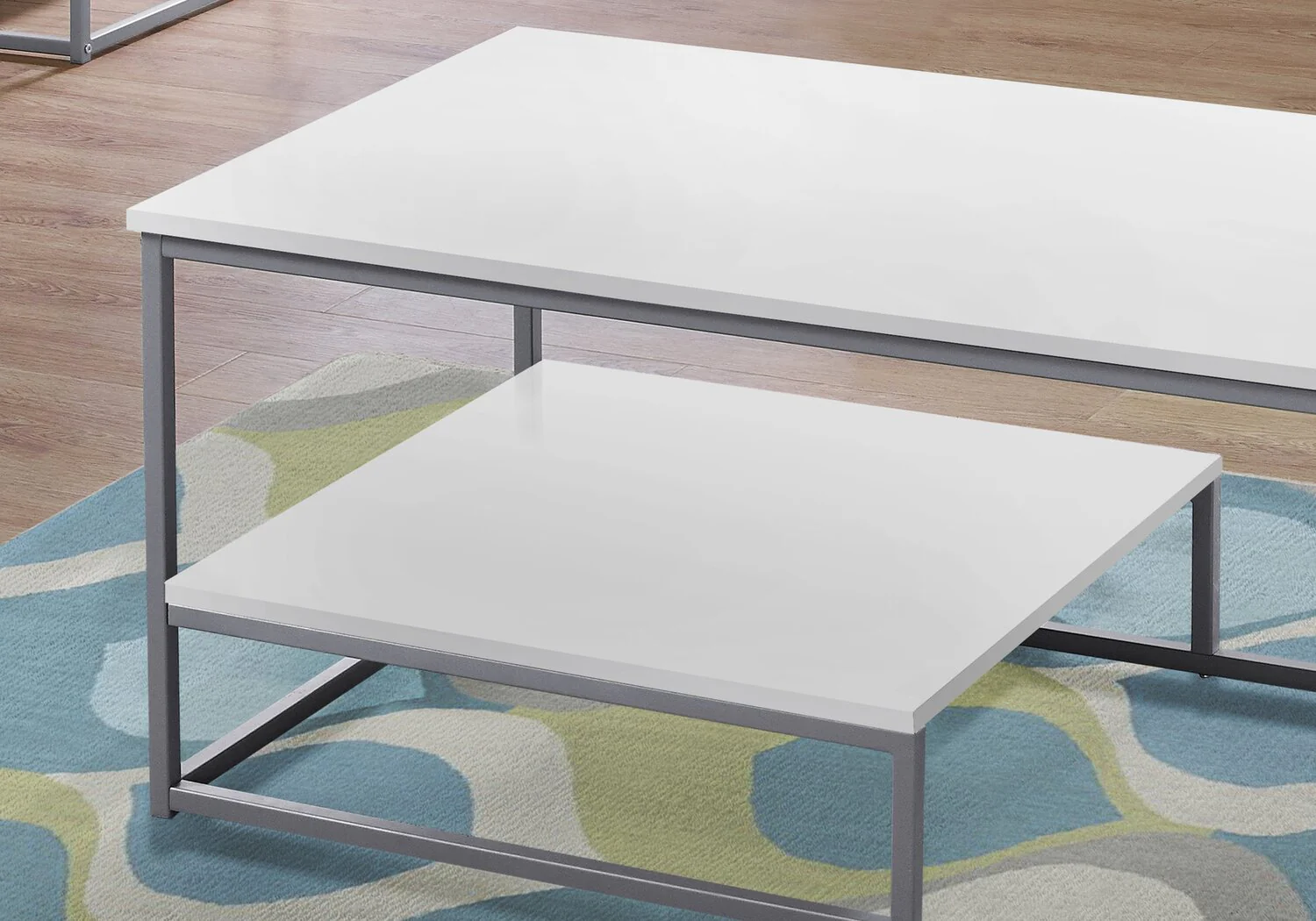 Jules 42.25" Modern 3-Pack Coffee + 2 End Tables with Shelf - White with Grey Metal Frame