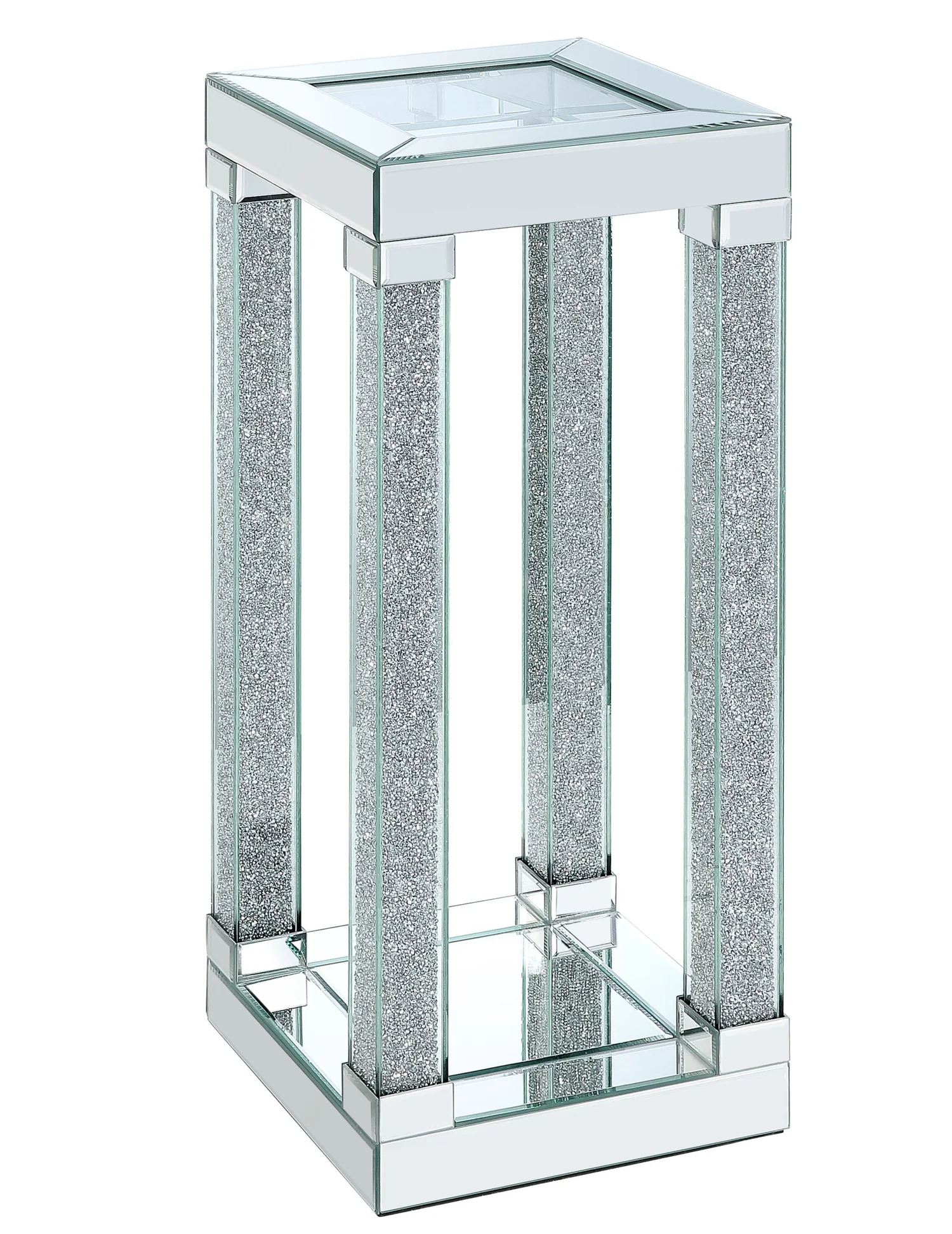 Berni 12" Glam Mirror & Glass Top Chairside Table with Shelf - Silver Metal with Diamond Look Legs