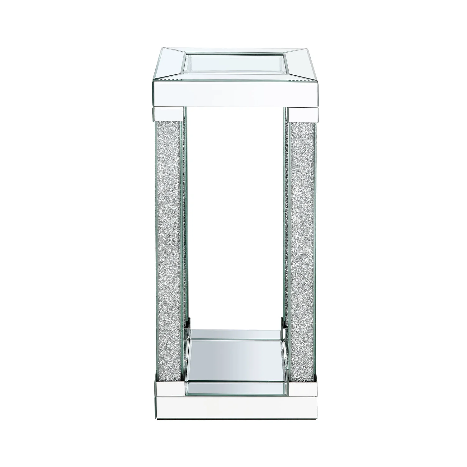 Berni 12" Glam Mirror & Glass Top Chairside Table with Shelf - Silver Metal with Diamond Look Legs