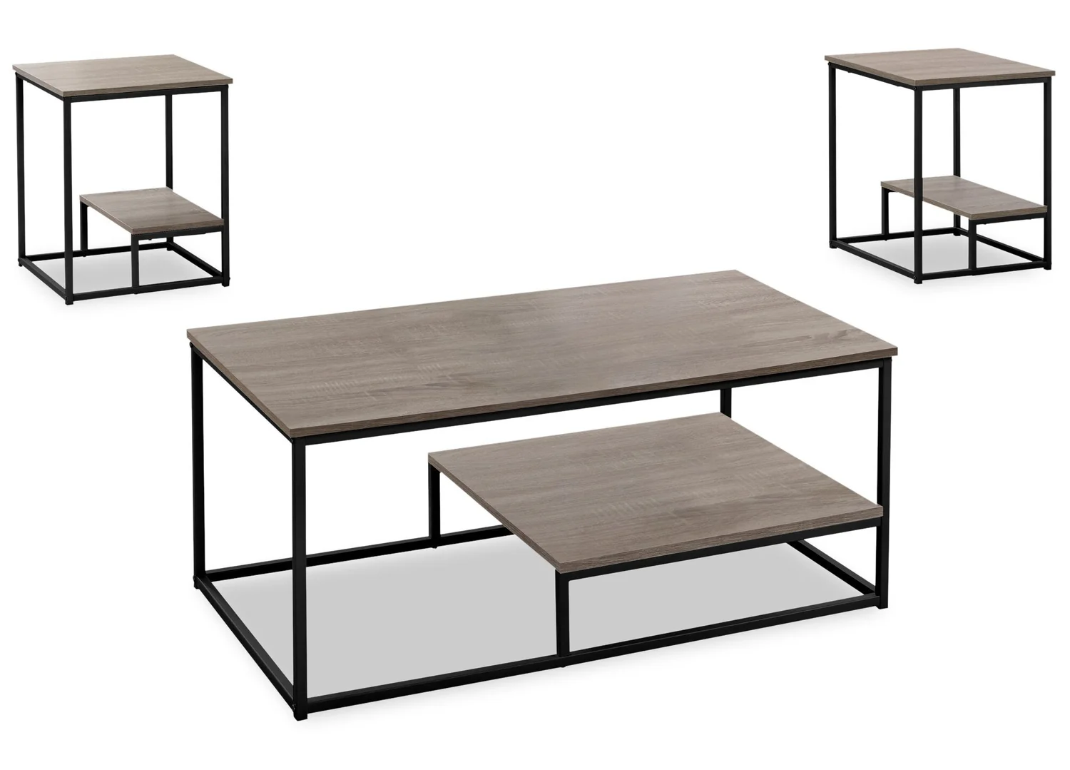Jules 42.25" Modern 3-Pack Coffee + 2 End Tables with Shelf - Dark Taupe with Black Metal Frame
