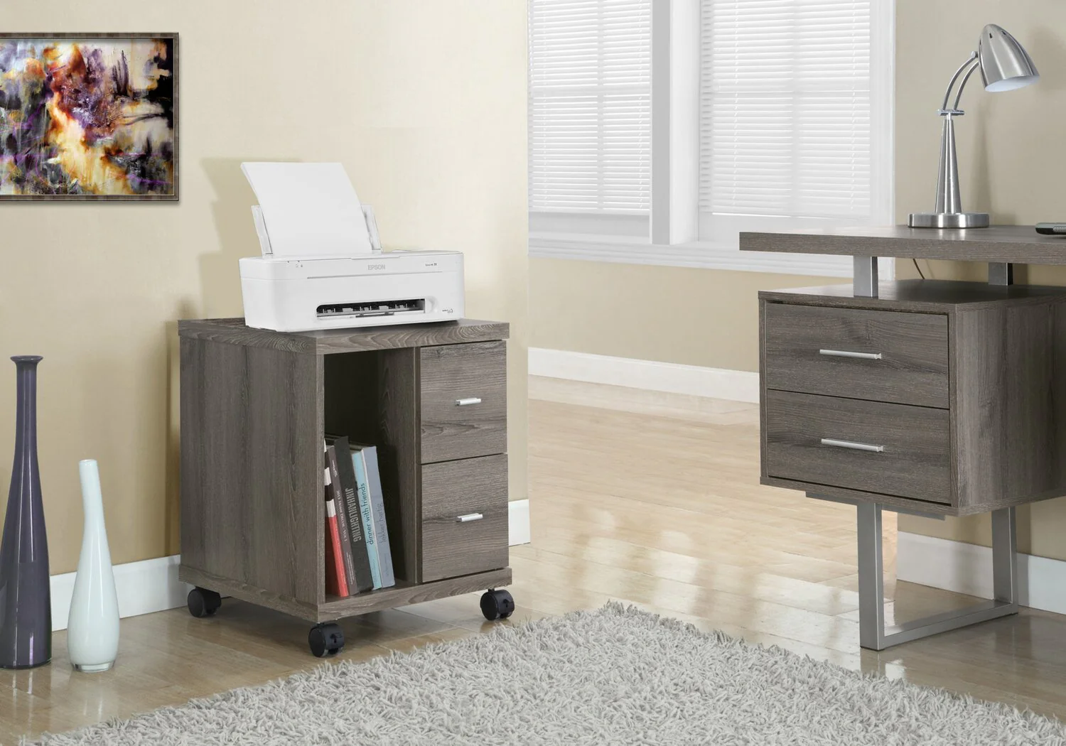 Willis 17.75" Filing Cabinet with 2-Drawers & Open Storage on Casters - Dark Taupe