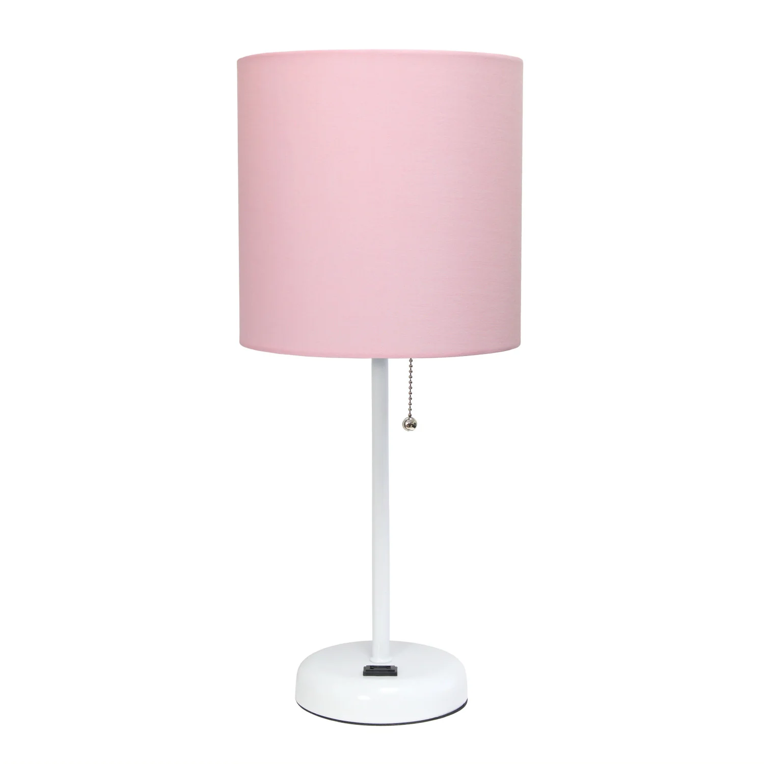Limelights White Stick Lamp with Charging Outlet And Fabric Shade, Pink Table Lamp