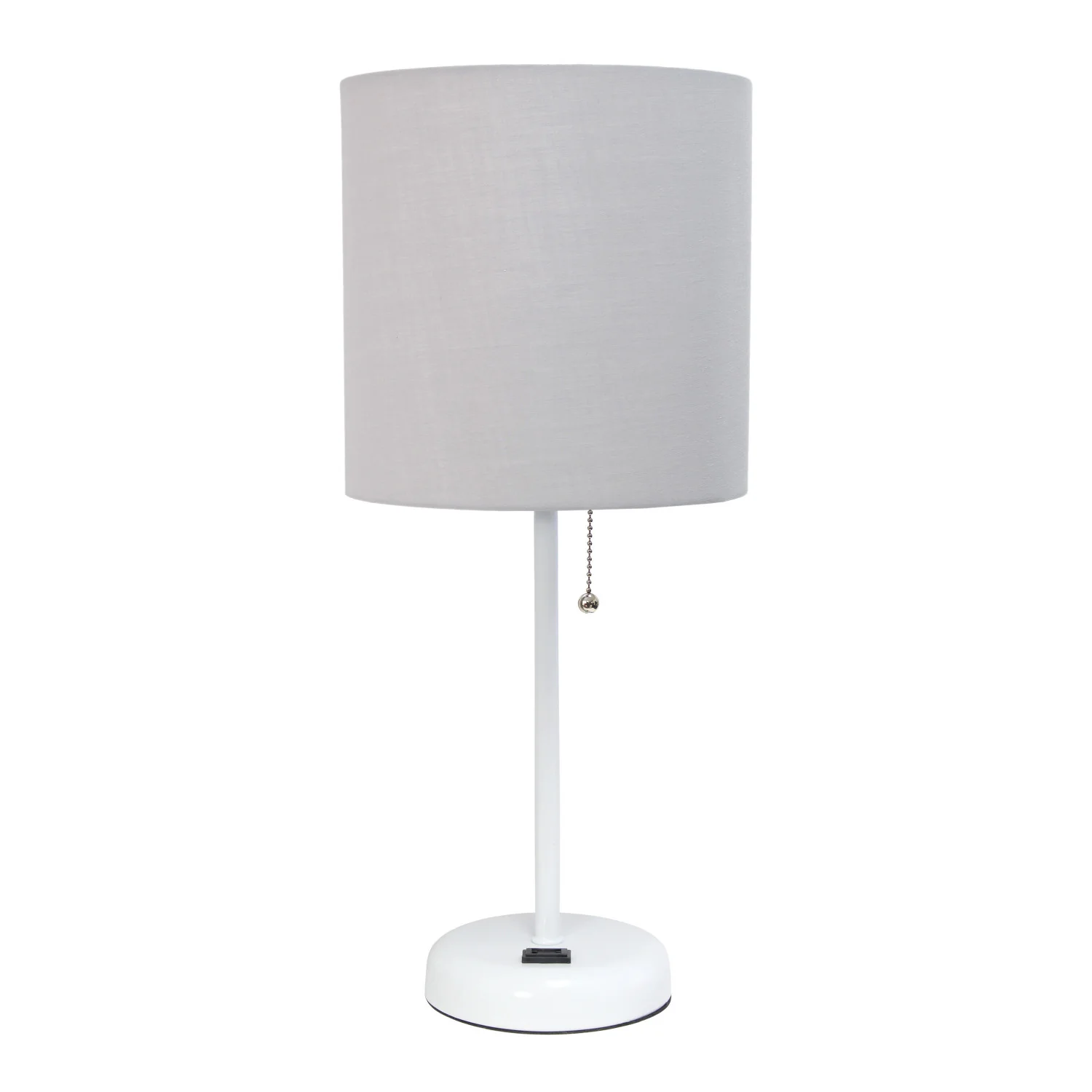 Limelights White Stick Lamp with Charging Outlet And Fabric Shade, Gray Table Lamp