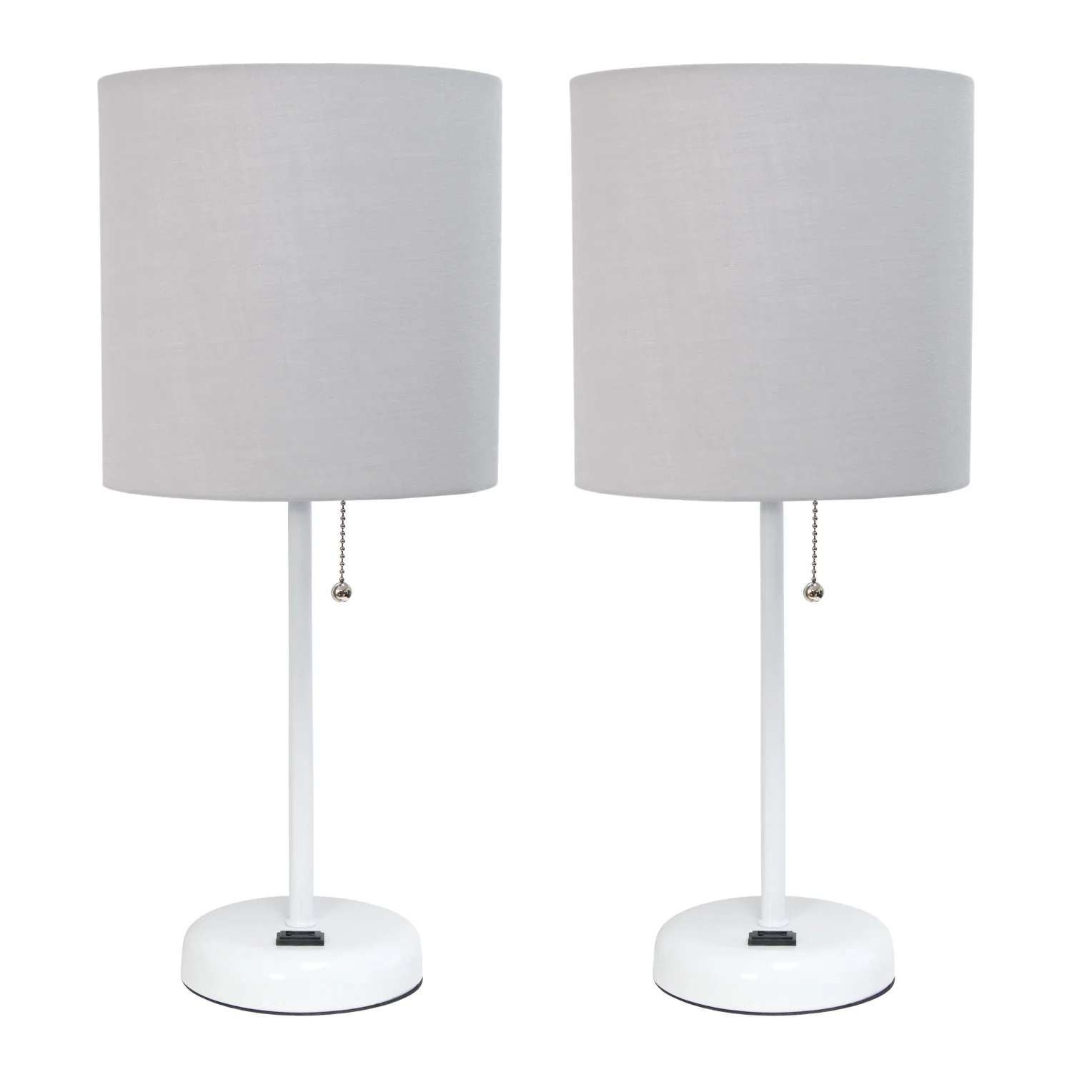 Limelights White Stick Lamp with Charging Outlet And Fabric Shade 2 Pack Set, Gray Lamp Set