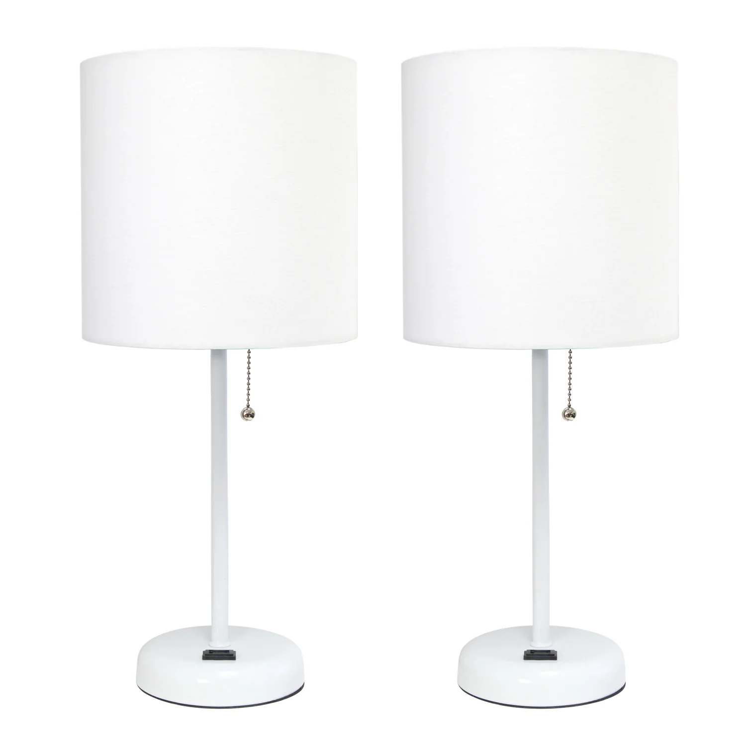 Limelights White Stick Lamp with Charging Outlet And Fabric Shade 2 Pack Set, White Lamp Set