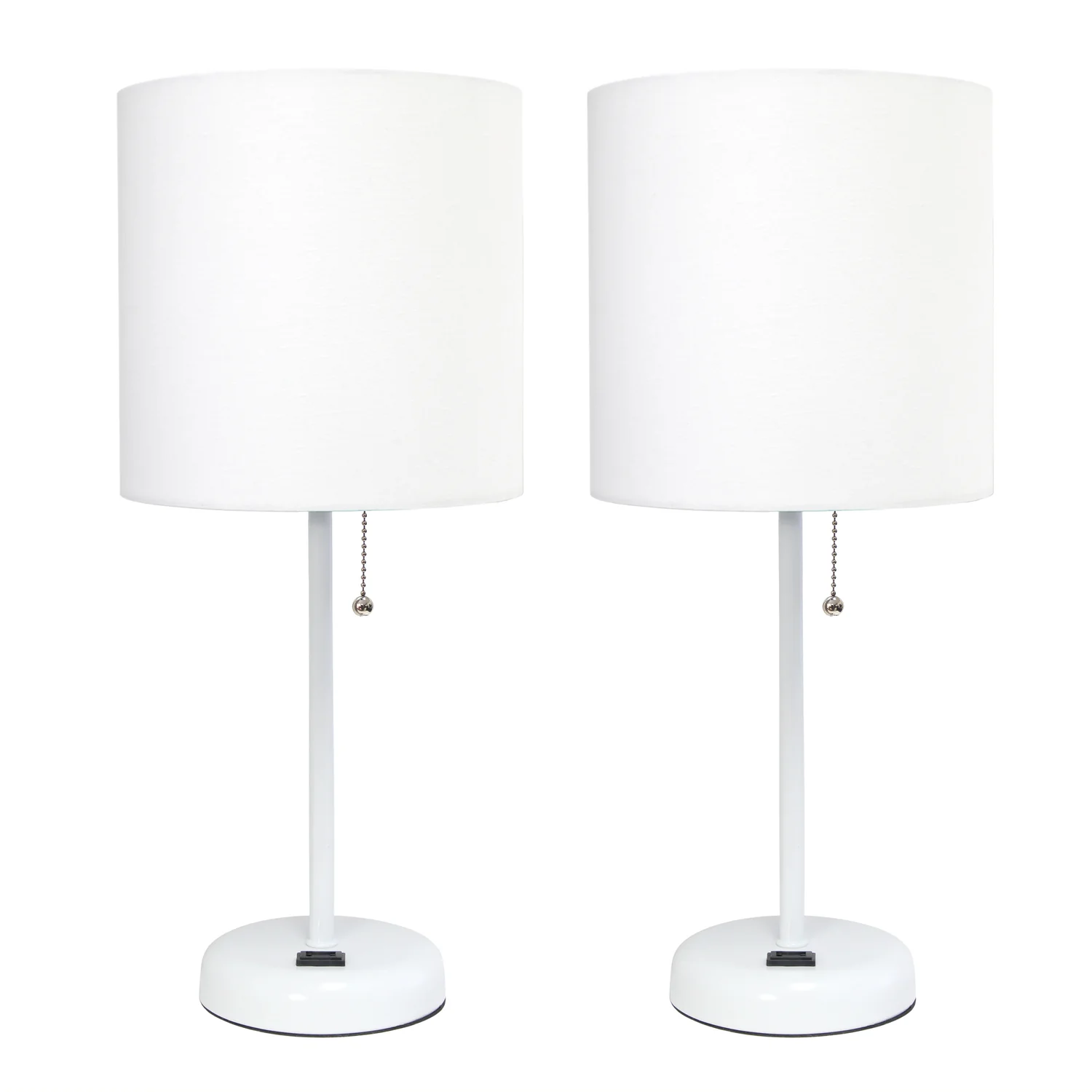 Limelights White Stick Lamp with Charging Outlet And Fabric Shade 2 Pack Set, White Lamp Set