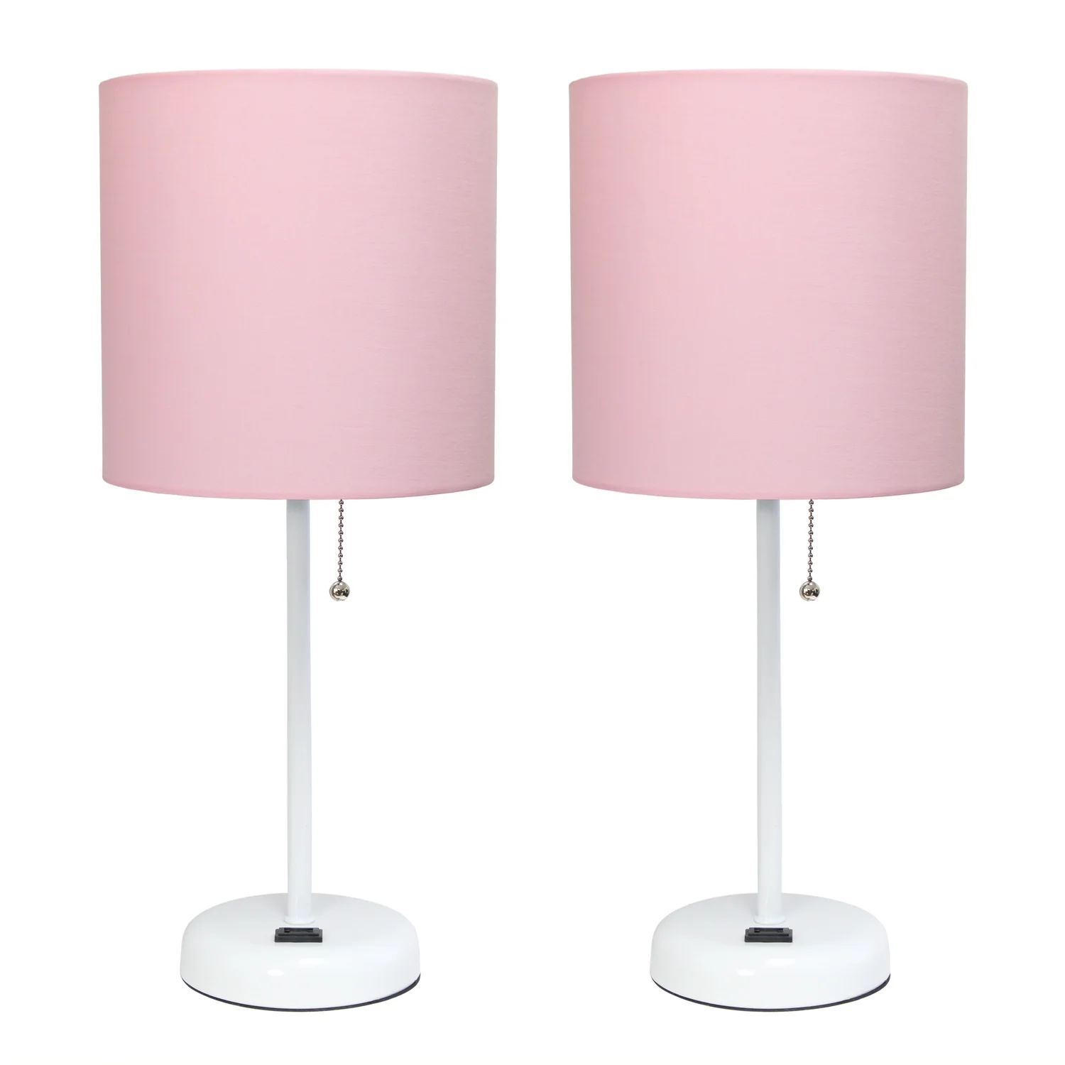 Limelights White Stick Lamp with Charging Outlet And Fabric Shade 2 Pack Set, Pink Lamp Set