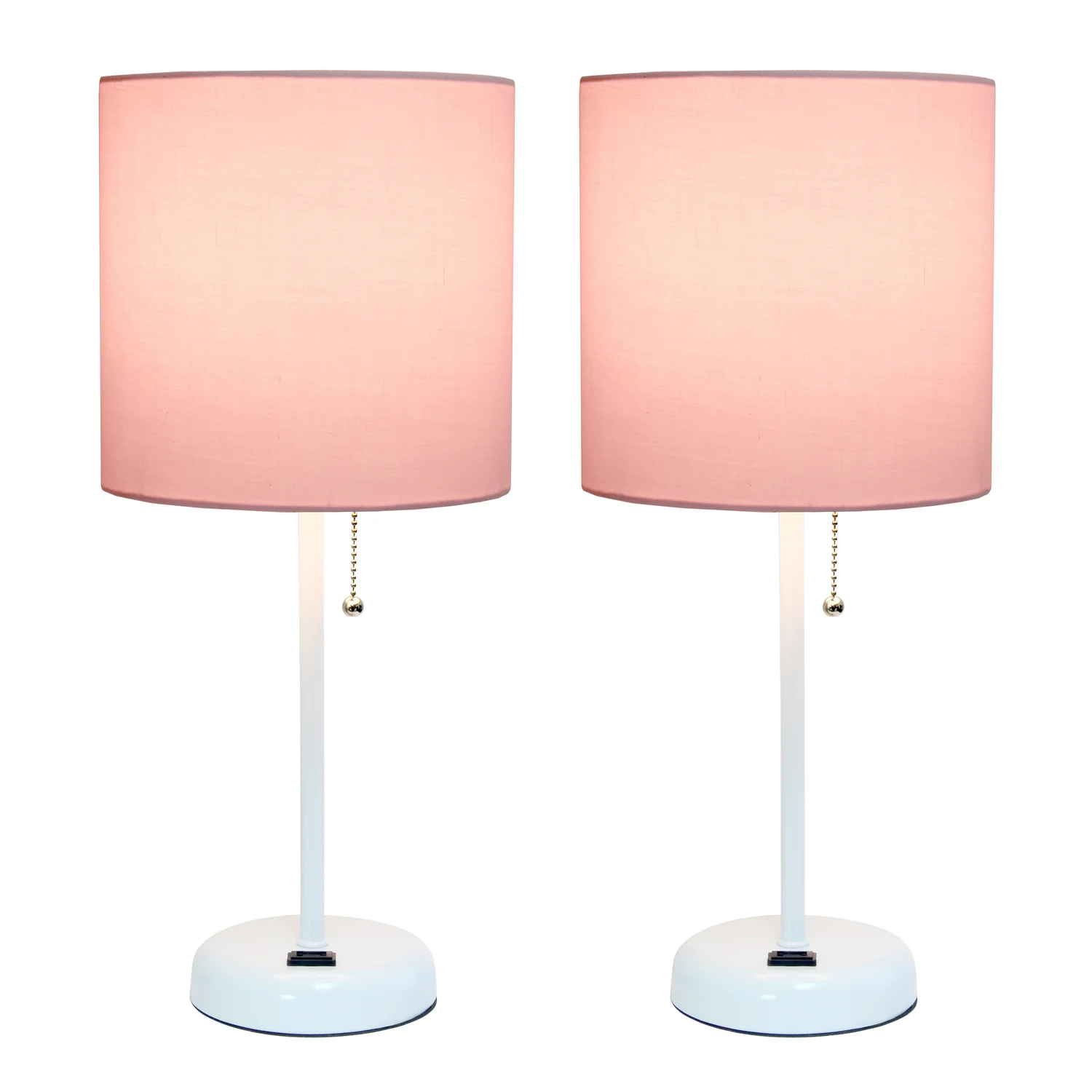Limelights White Stick Lamp with Charging Outlet And Fabric Shade 2 Pack Set, Pink Lamp Set