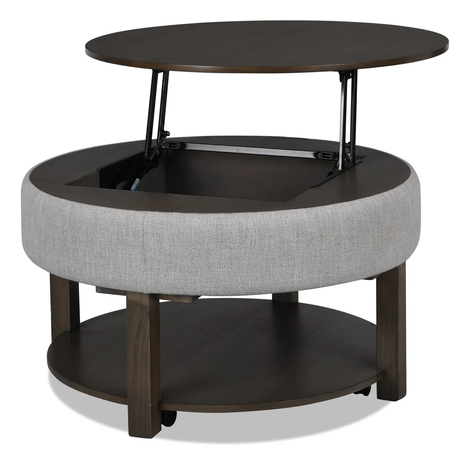 Elroy 33" Rustic Round Lift Top Coffee Table With Storage, Shelf and Casters - Brown and Grey with Fabric Edge