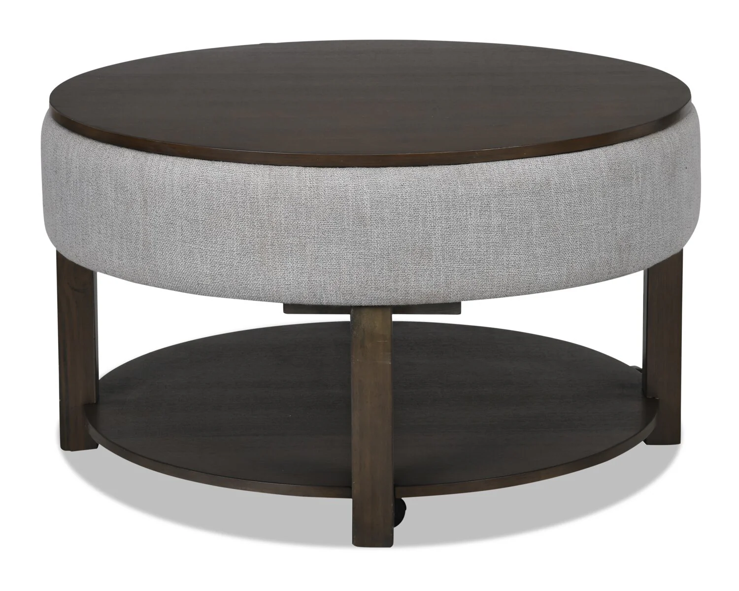 Elroy 33" Rustic Round Lift Top Coffee Table With Storage, Shelf and Casters - Brown and Grey with Fabric Edge