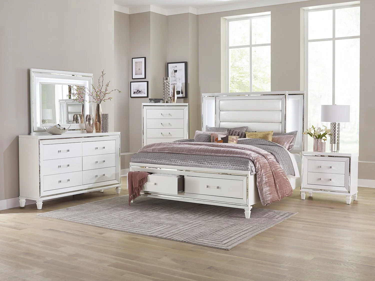 216-max-5pc-bedroom-set-with-storage-bed-dresser-mirror-led-glam-white-king-size-3.webp Max 5pc Bedroom Set with Storage Bed, Dresser & Mirror, LED, Glam, White - King Size