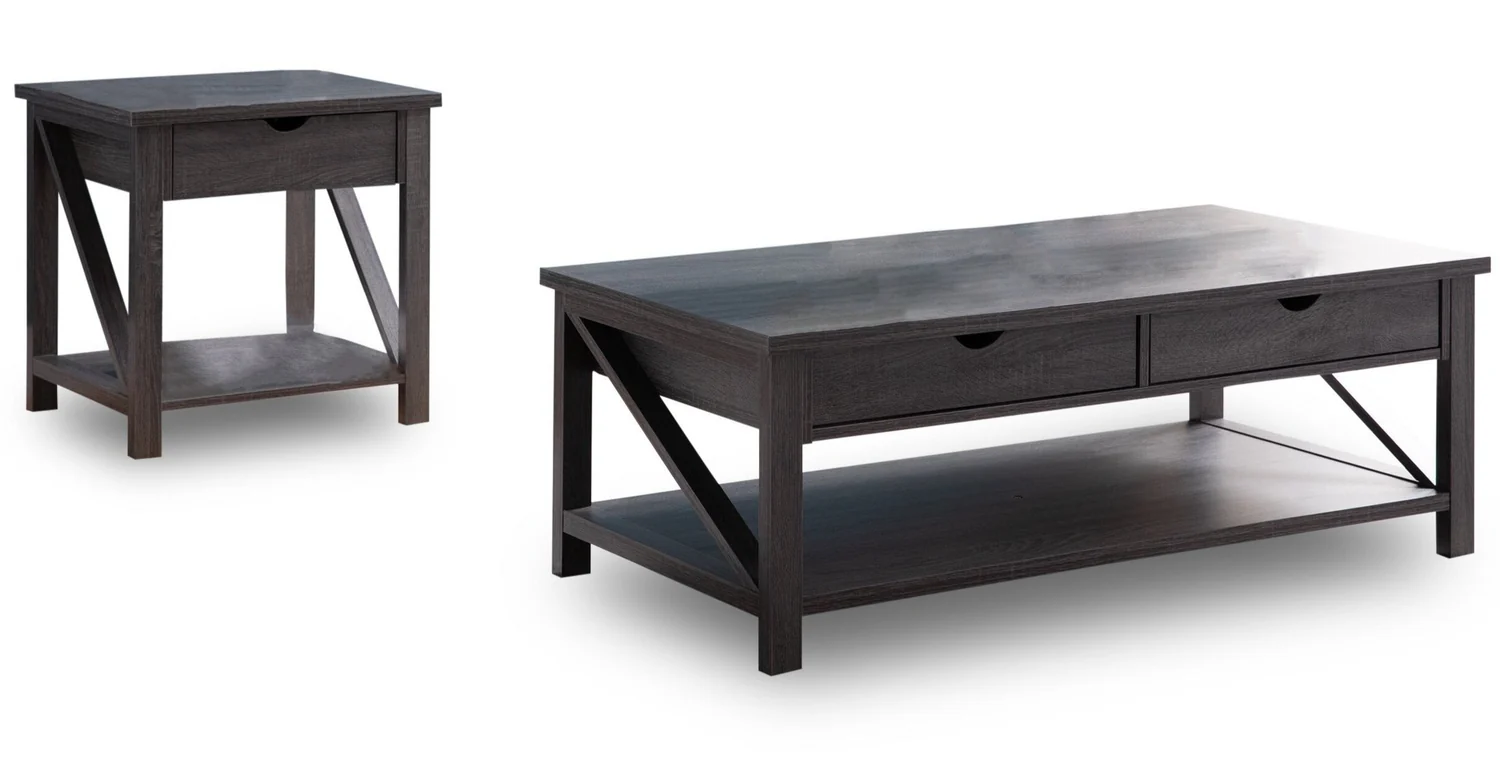 Jake 47.25" Rustic 2-Pack Coffee + End Table with Storage and Shelf - Distressed Grey