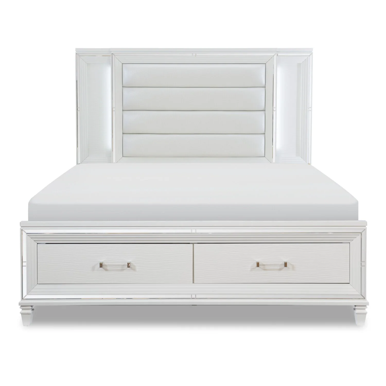 Max Platform Storage Bed with Headboard & Frame, LED, Vegan Leather, Glam, White - King Size