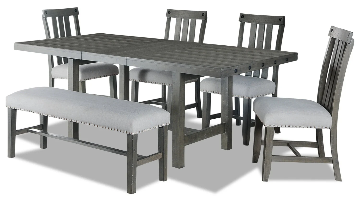 Alto 6pc Dining Set with Table, Bench & 4 Chairs, 65-83"W Extension, Trestle Base - Grey