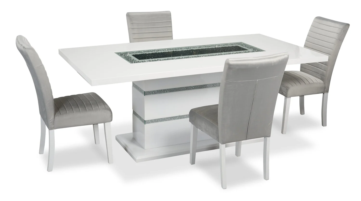 Garbo 5pc Dining Set with Table & 4 Chairs, Glass Insert, Pedestal Base, Glam, 78.75"W - White