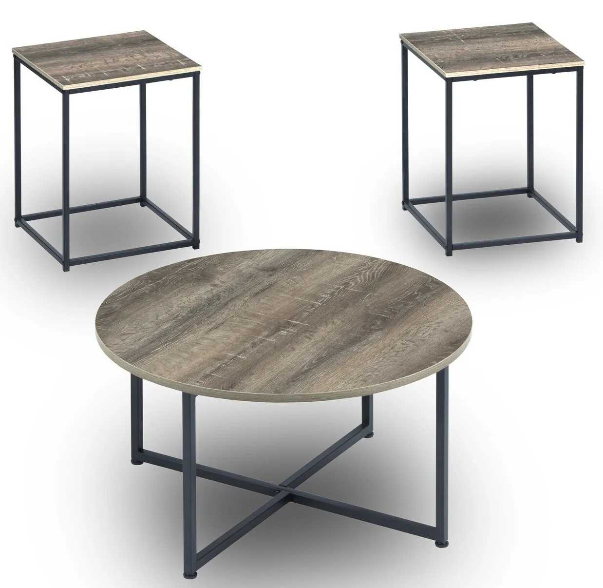 Wadeworth 31.5" Rustic 3-Pack Coffee + 2 End Tables - Taupe with Metal Legs