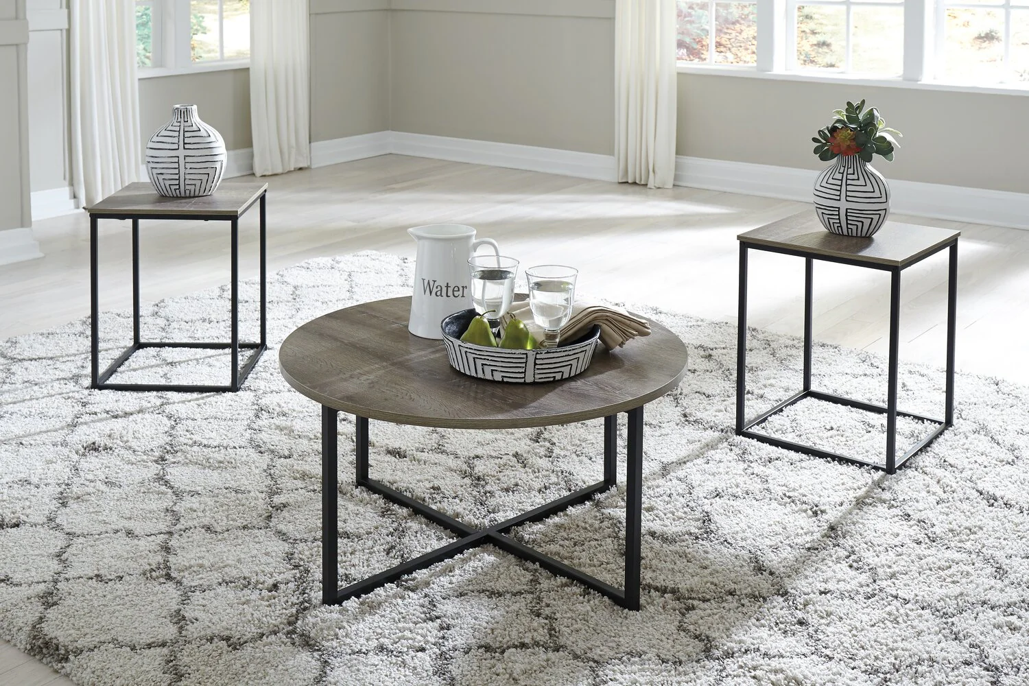 Wadeworth 31.5" Rustic 3-Pack Coffee + 2 End Tables - Taupe with Metal Legs
