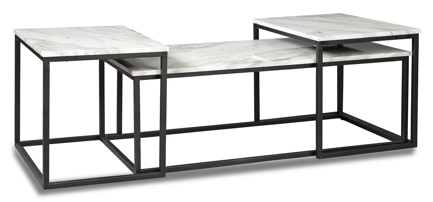 Donnesta 46" Modern 3-Pack Coffee + 2 End Tables - Marble Look with Black Metal Frame