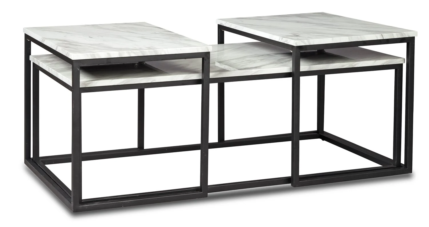 Donnesta 46" Modern 3-Pack Coffee + 2 End Tables - Marble Look with Black Metal Frame