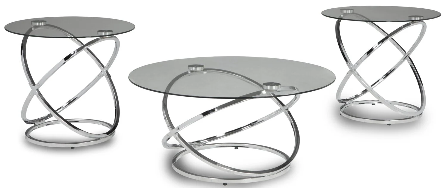Hollynx 38" Glam Round 3-Pack Coffee + 2 End Tables - Silver Metal Base with Glass Top