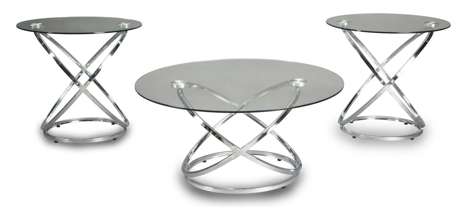 Hollynx 38" Glam Round 3-Pack Coffee + 2 End Tables - Silver Metal Base with Glass Top