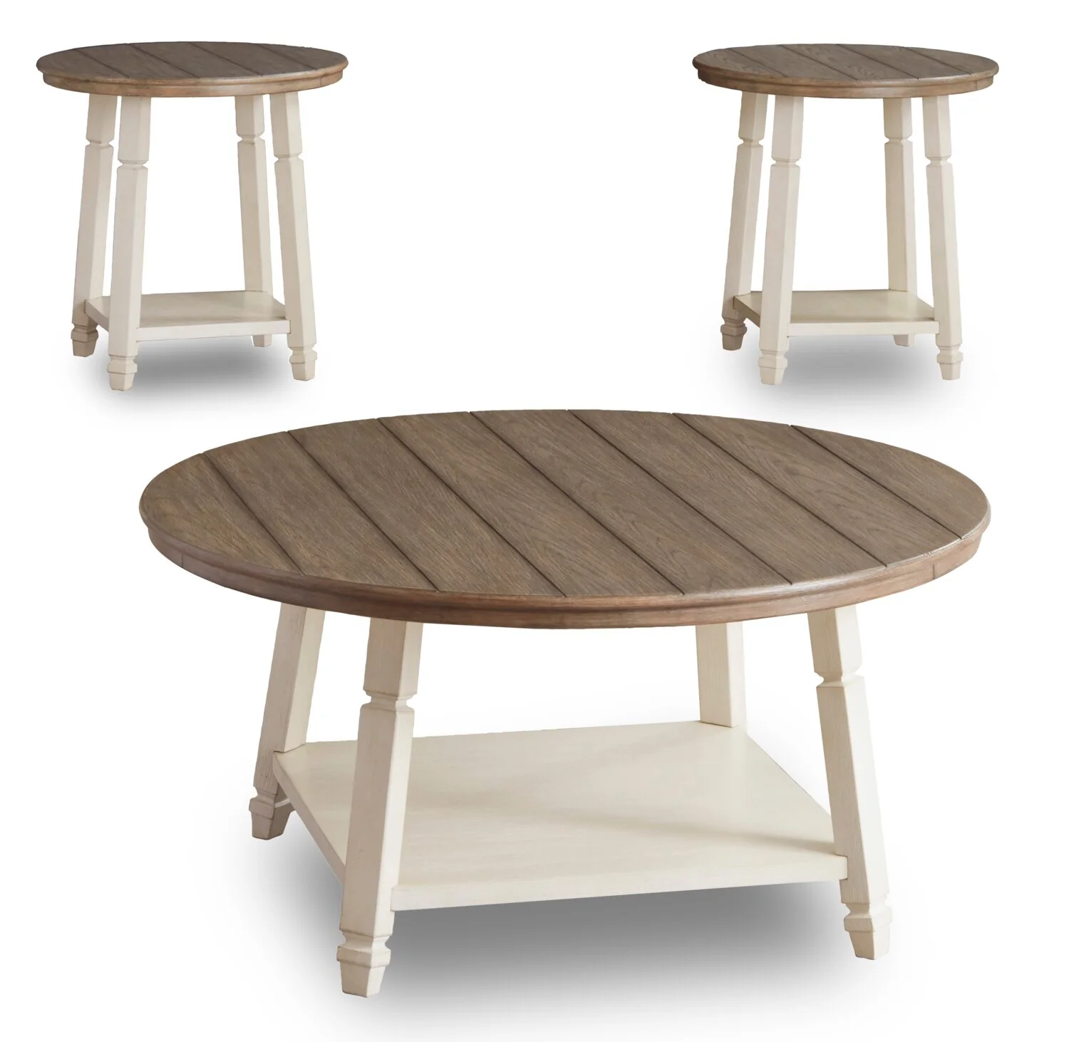 Bolanbrook 40" Rustic Round 3-Pack Coffee + 2 End Tables with Shelf - Two Tone Wood