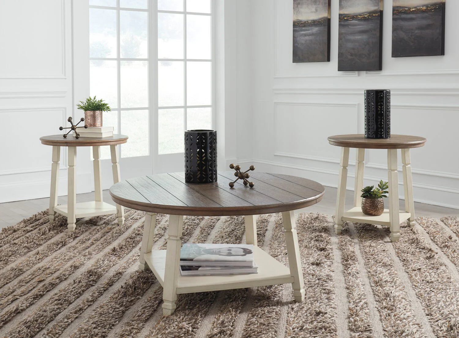 Bolanbrook 40" Rustic Round 3-Pack Coffee + 2 End Tables with Shelf - Two Tone Wood