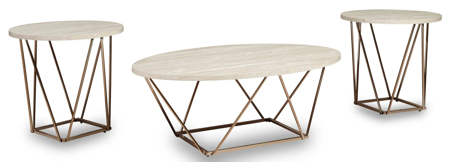 Tarica 47" Modern Oval 3-Pack Coffee + 2 End Tables - Cream and Gold with Metal Legs