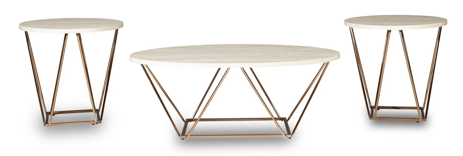 Tarica 47" Modern Oval 3-Pack Coffee + 2 End Tables - Cream and Gold with Metal Legs