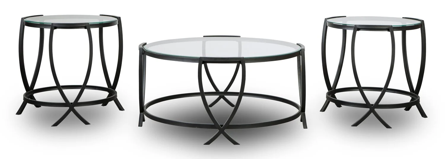 Tarrin 36.13" Modern Round 3-Pack Coffee + 2 End Tables - Glass Top with Metal Legs