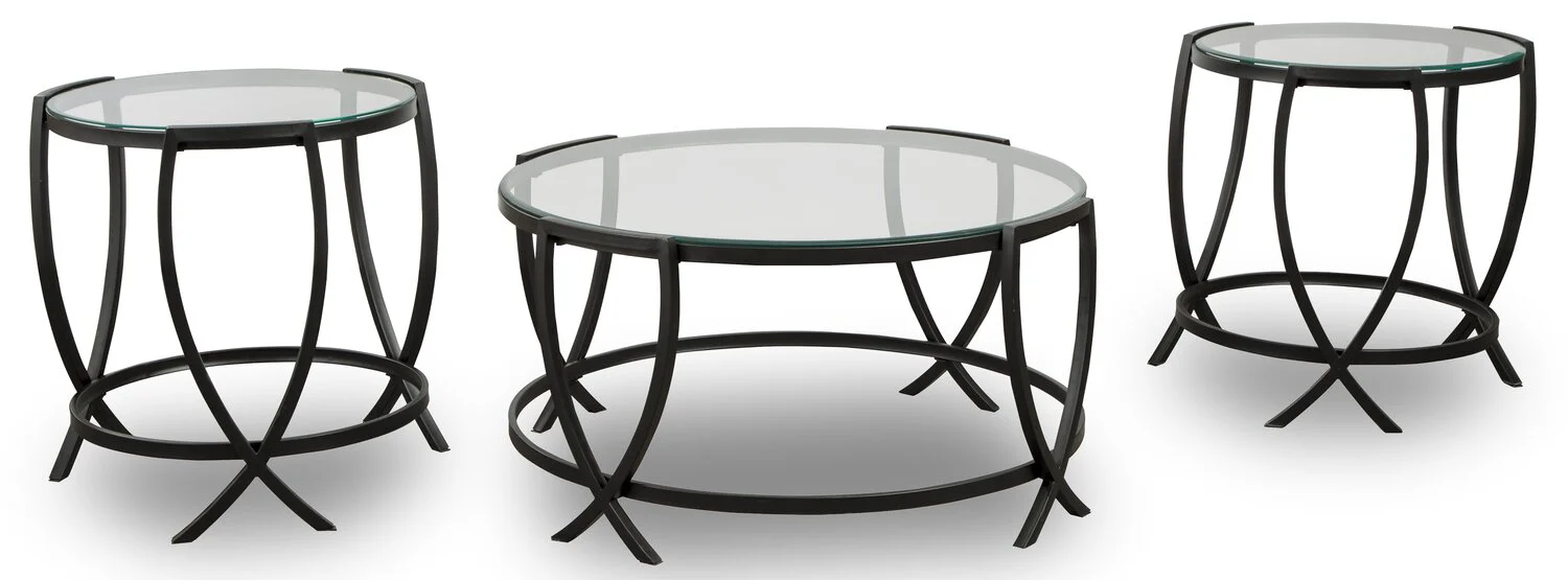 Tarrin 36.13" Modern Round 3-Pack Coffee + 2 End Tables - Glass Top with Metal Legs