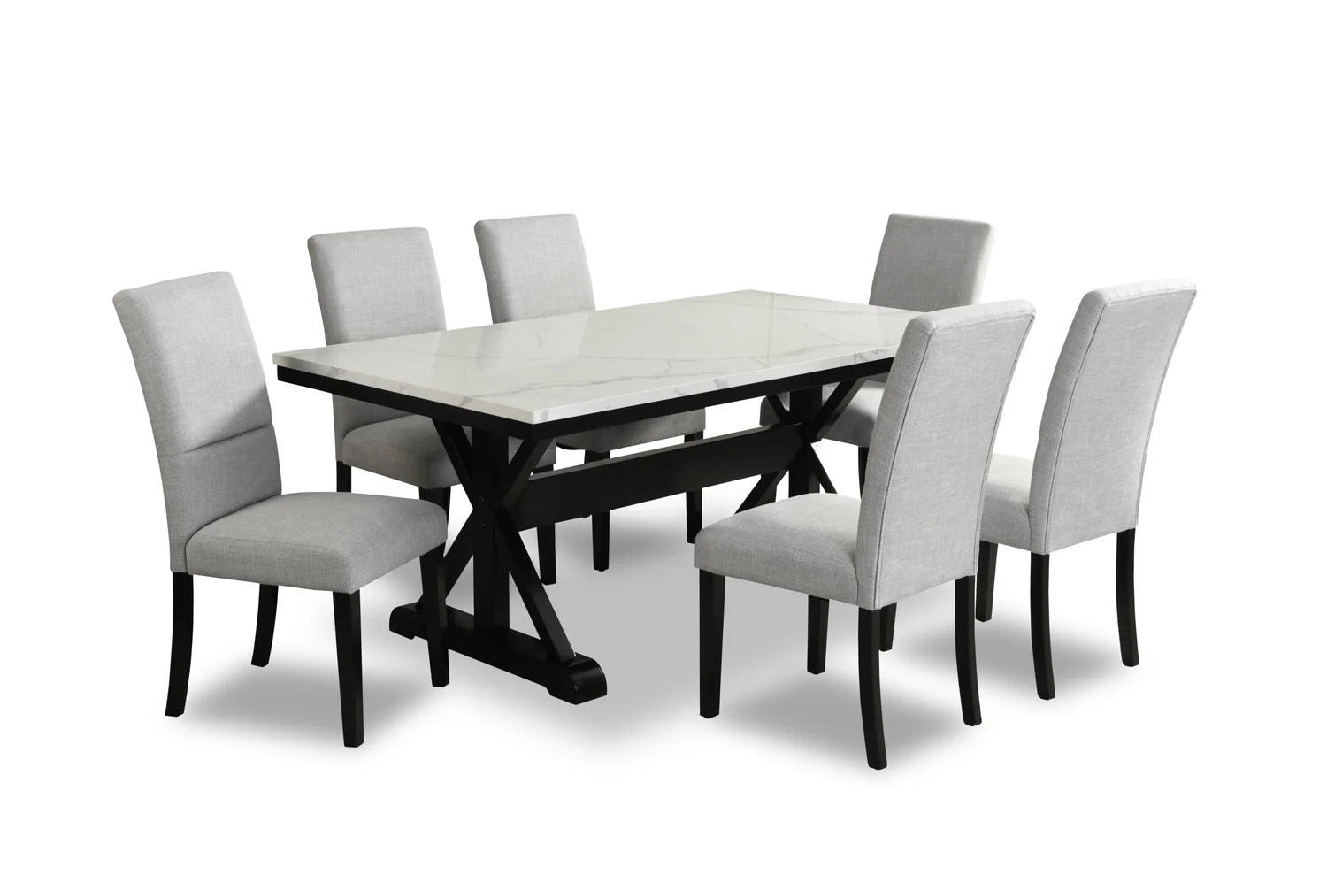 Verona 7pc Dining Set with Table & 6 Chairs, Culture Marbled Top, Trestle Base, 70"W - White