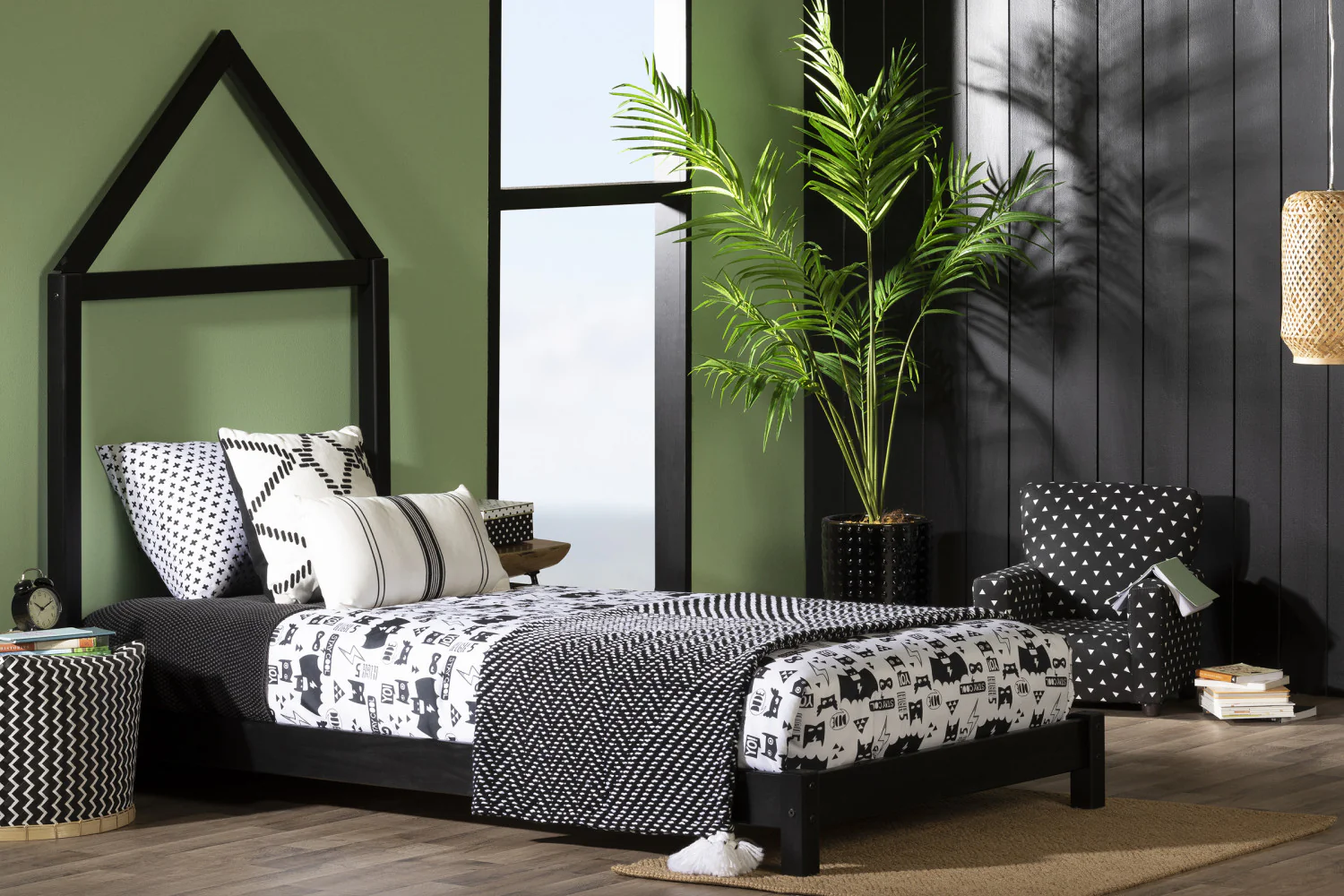 Sweedi Twin Bed With House Frame Headboard - Matte Black