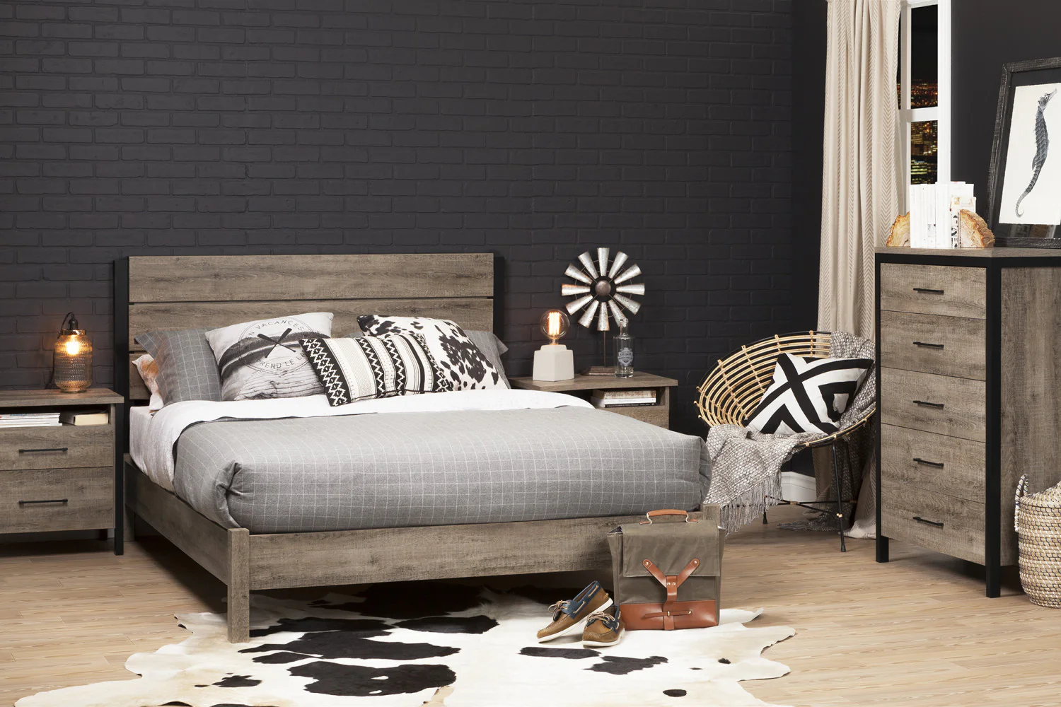 Munich Full/Queen Industrial Headboard - Weathered Oak and Matte Black